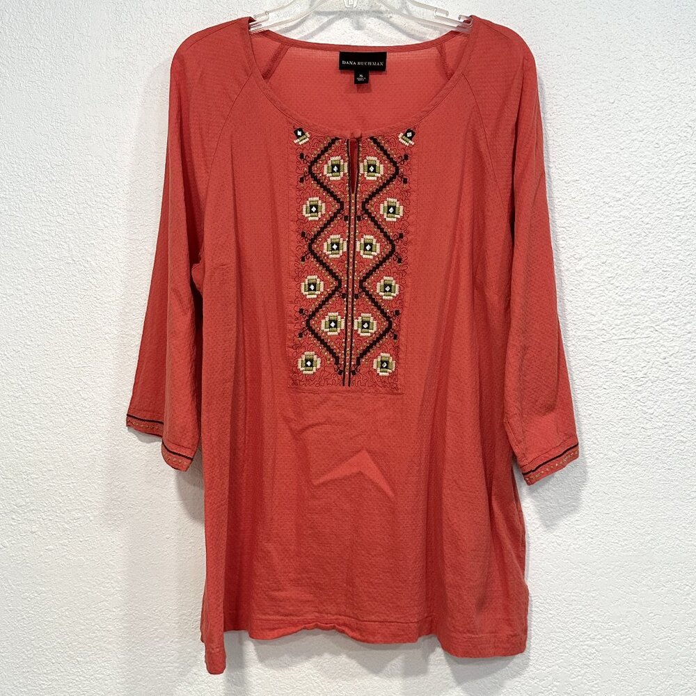 Dana Buchman Boho Top Dark Coral Embroidered Keyhole Front 3/4 Sleeves Womens XL